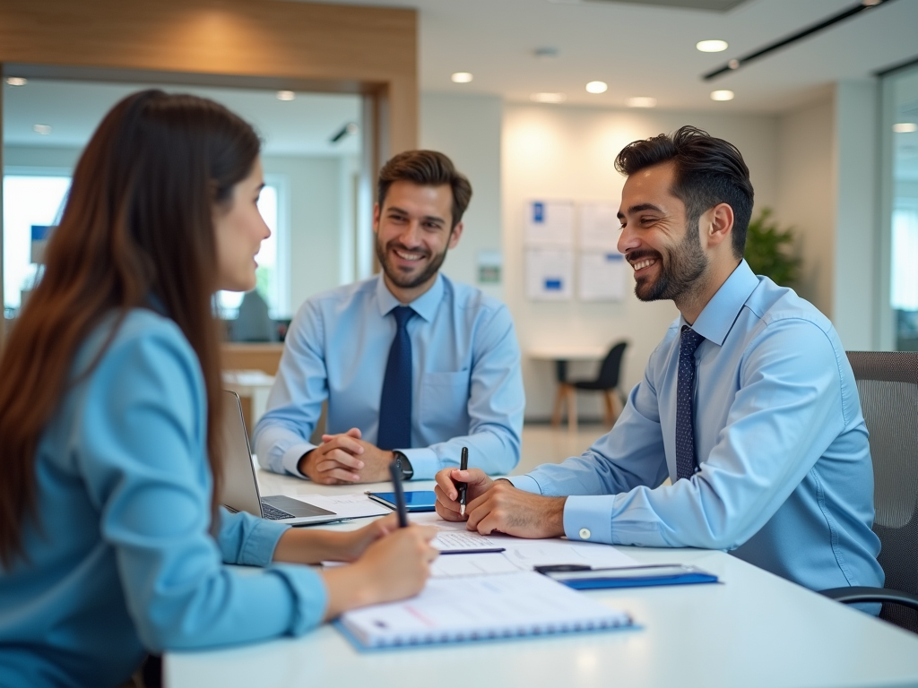 Three professionals in blue shirts sit at a table, discussing documents and smiling in a modern office setting.