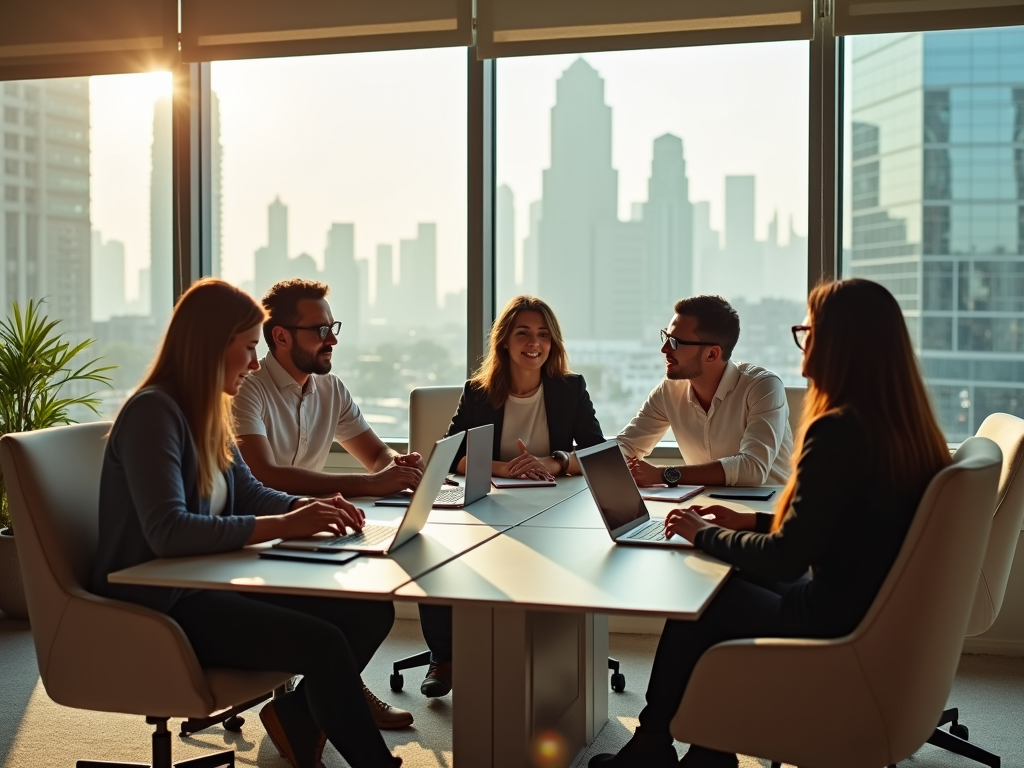 A diverse group of professionals in a meeting, with a city skyline visible through large windows.