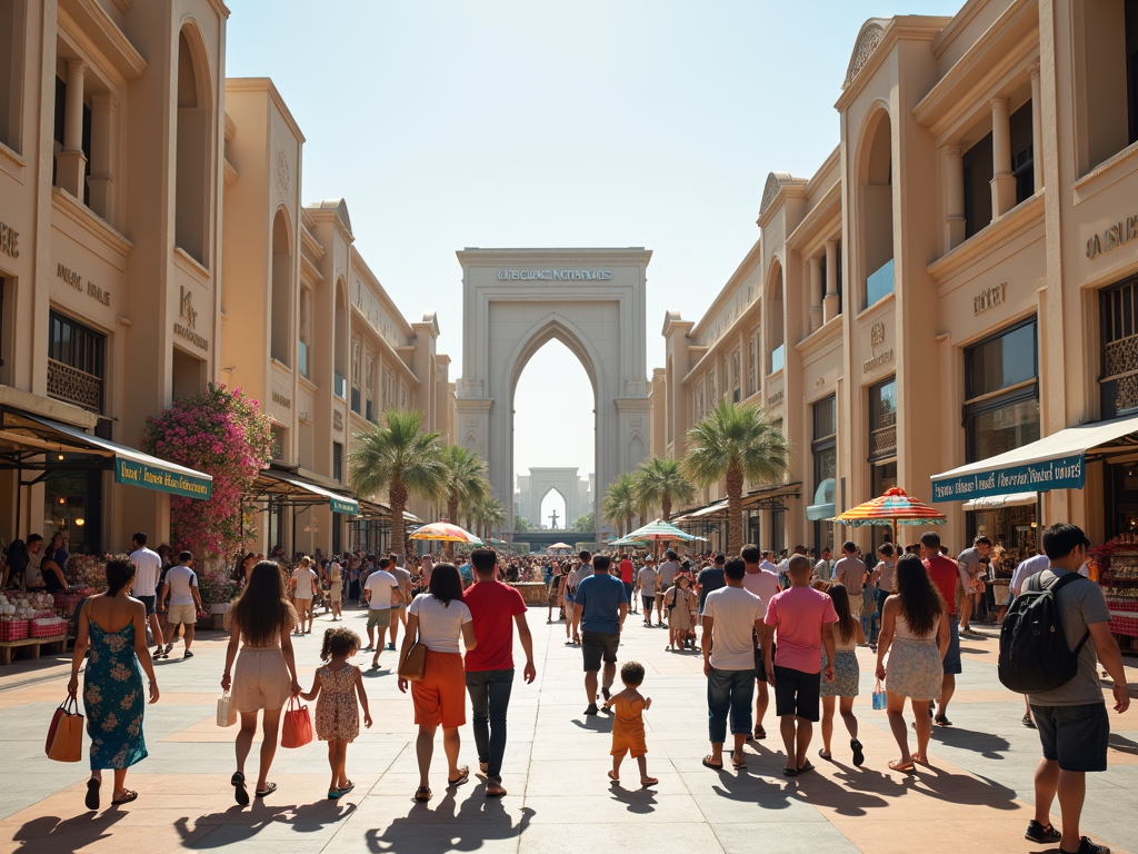 A busy outdoor shopping area with people walking, palm trees, and colorful umbrellas under a bright sky.