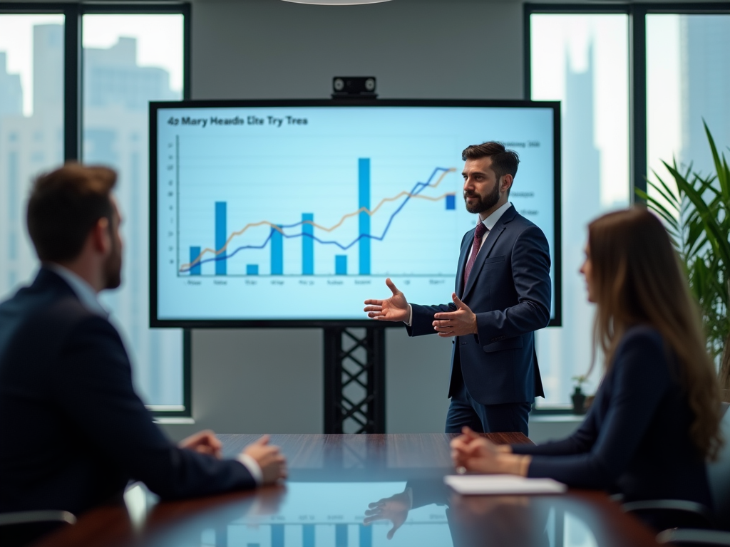 A business presentation in a conference room, with a presenter discussing graphs to an engaged audience.