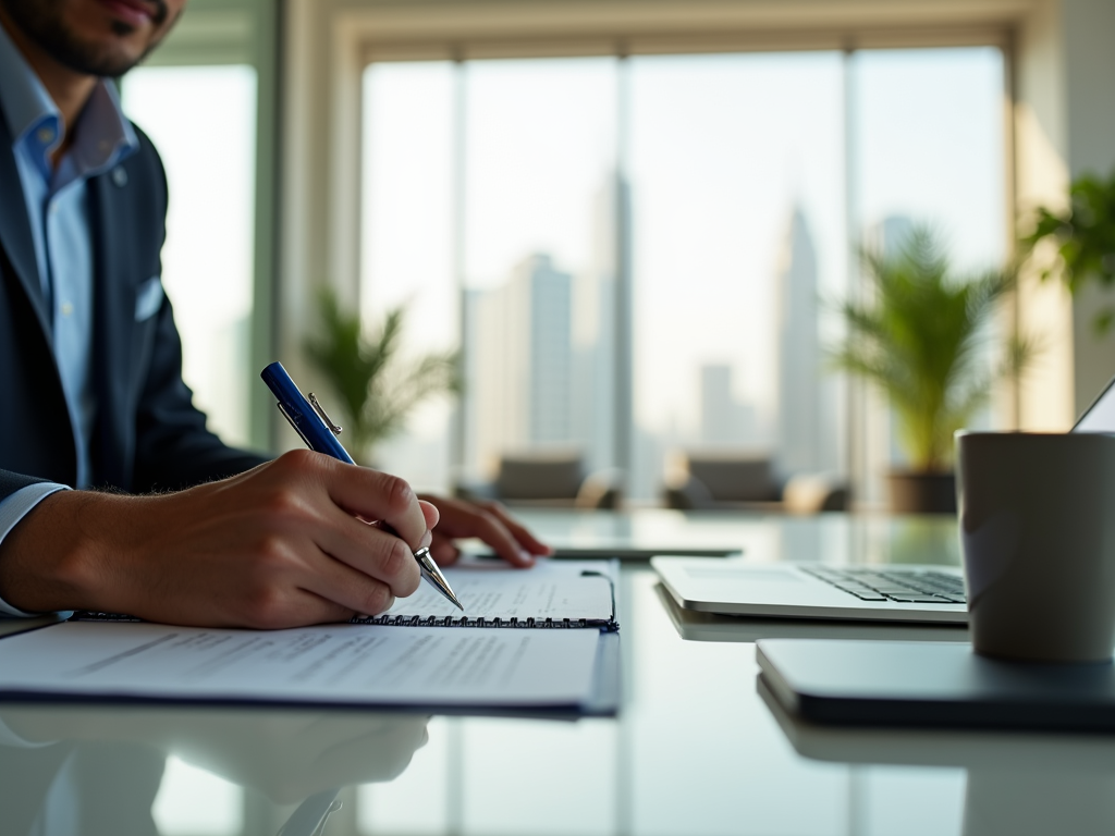 A businessman writes in a notebook at a desk, with a laptop and coffee cup, against a city skyline backdrop.