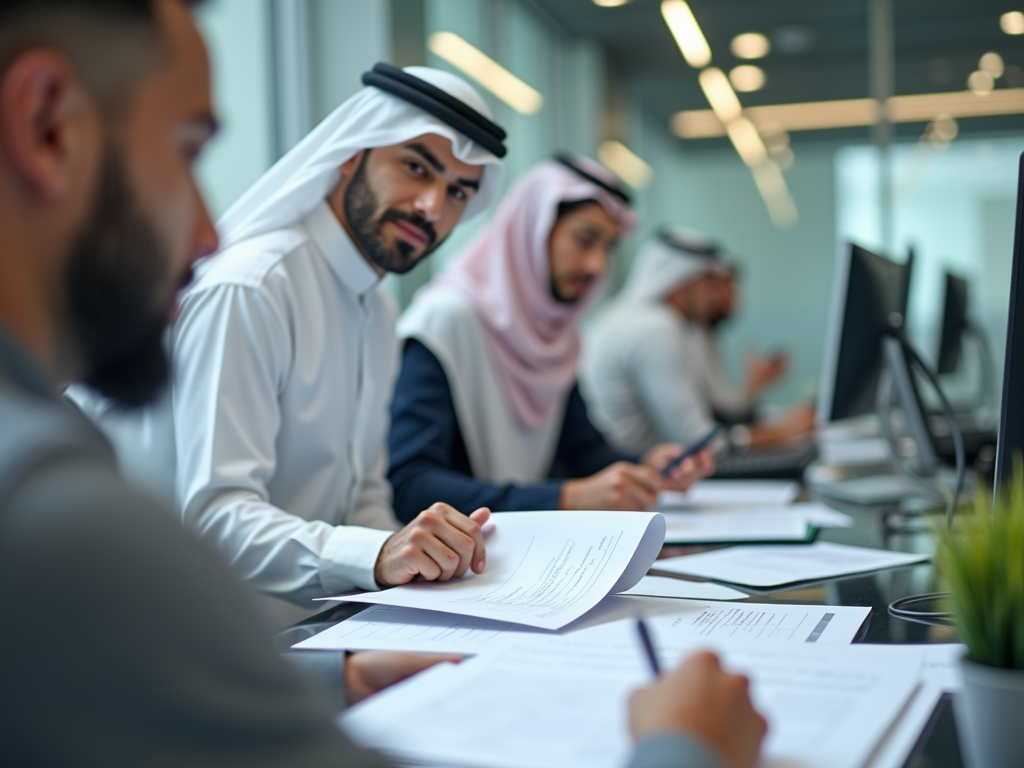 A group of professionals in traditional attire review documents and work on computers in a modern office setting.