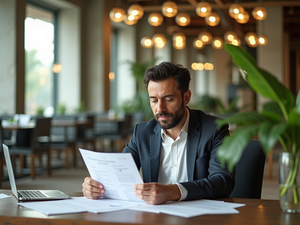 A man in a suit reviews documents at a table in a modern office with plants and soft lighting in the background.