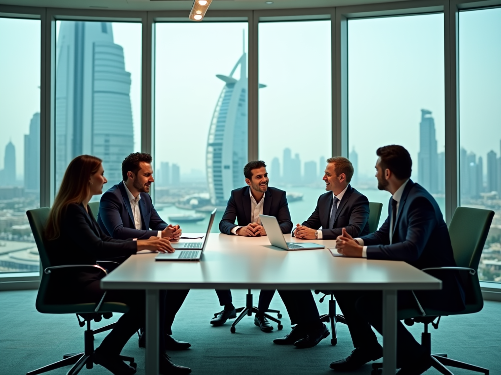 A business meeting in a modern office with six professionals engaged in discussion, overlooking a city skyline.