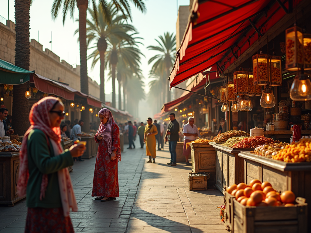 A bustling market scene with palm trees, colorful stalls, and people shopping amidst warm morning light.