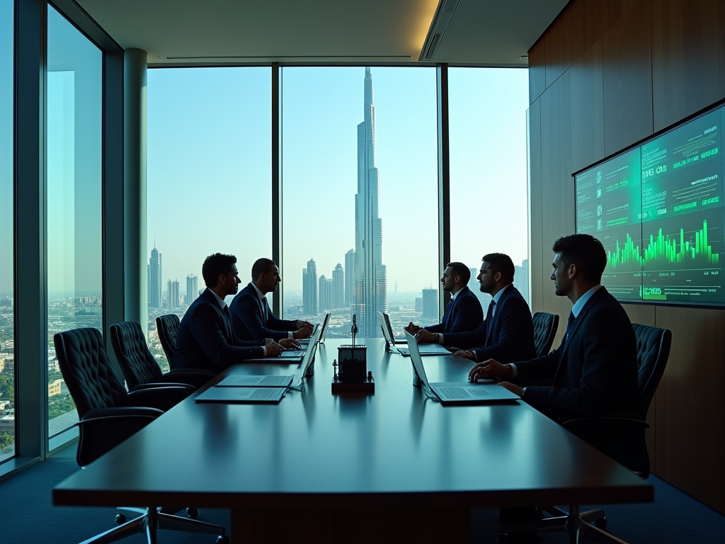 A group of businessmen in suits work together in a boardroom with a view of a skyscraper and cityscape.