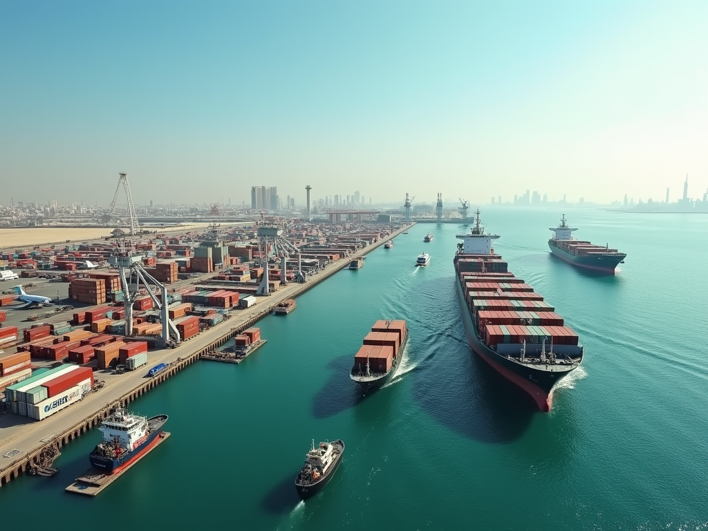 Aerial view of a busy port with container ships, tugboats, and cranes along a turquoise waterway against a city skyline.