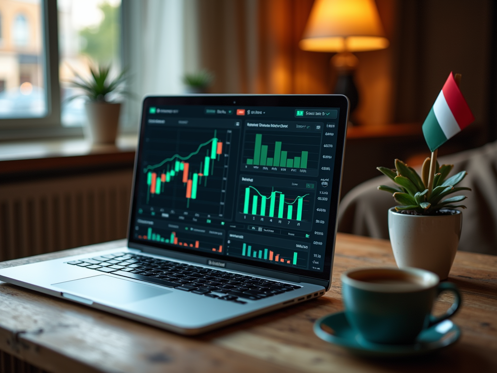 A laptop displaying financial charts sits on a wooden table next to a coffee cup and a small potted plant.