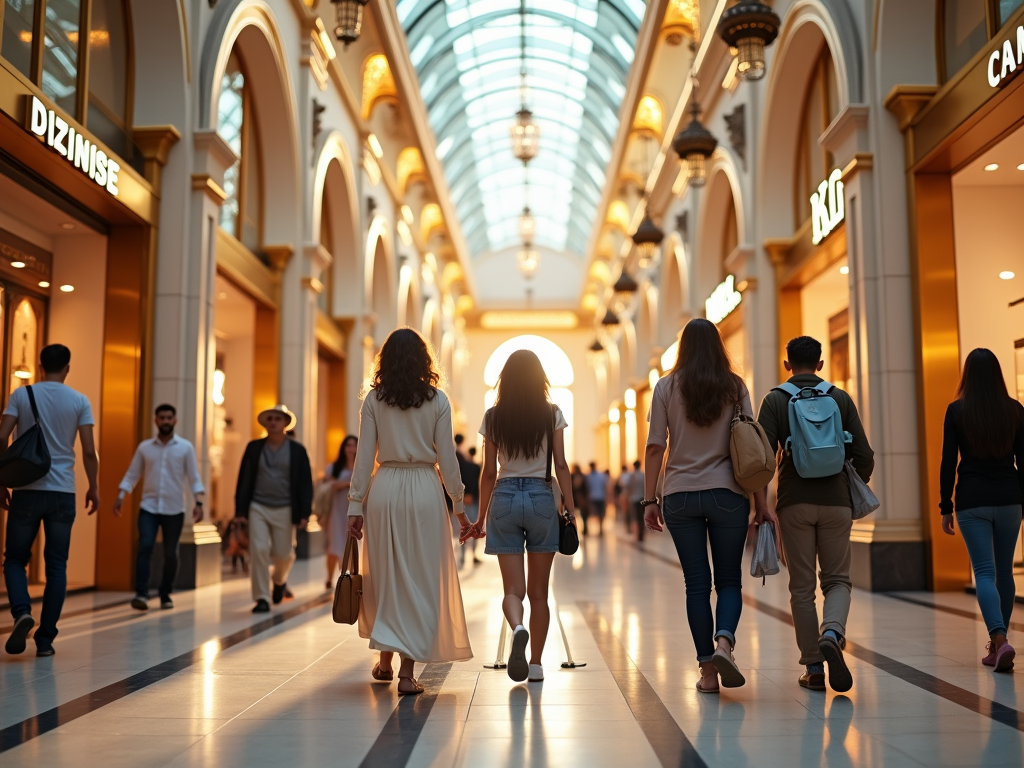 People walking in a shopping mall with bright lights and elegant architecture, enjoying their day out.