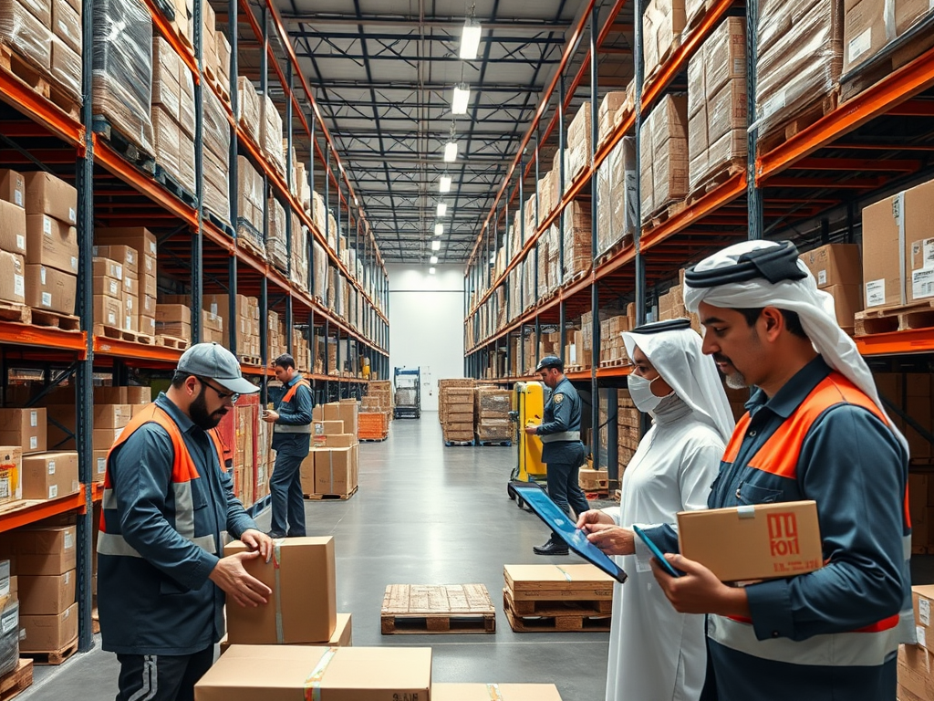 Workers in a warehouse check inventory and sort boxes among tall shelves filled with packages.