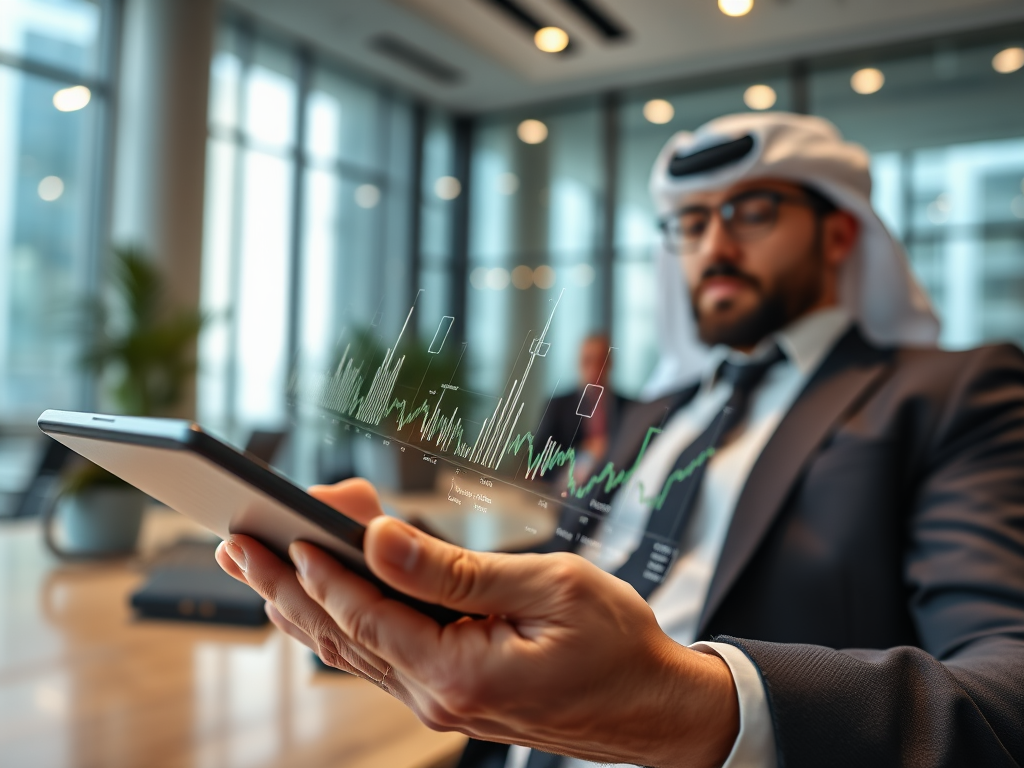 A businessman in a suit and traditional headwear examines data on his smartphone, with graphs displayed above the device.