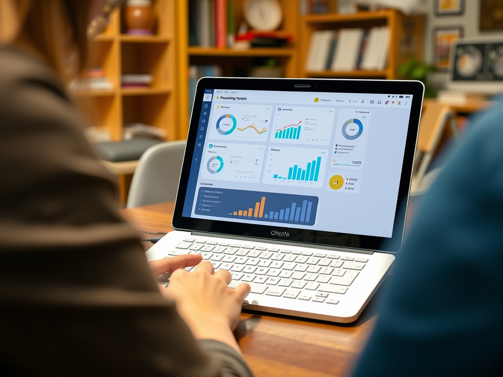 A person is working on a laptop displaying various data visualizations and analytics on a wooden table.