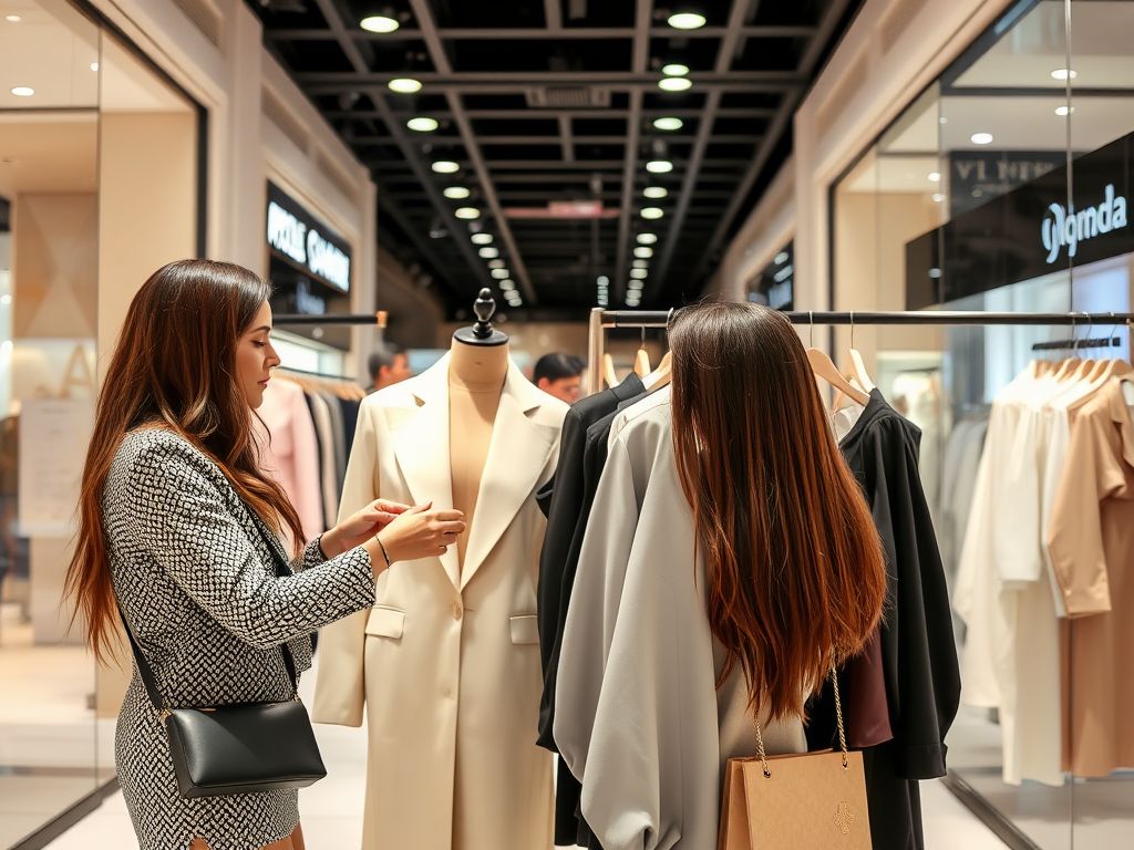 Two women are shopping in a boutique, reviewing clothing on a rack next to a dress form.