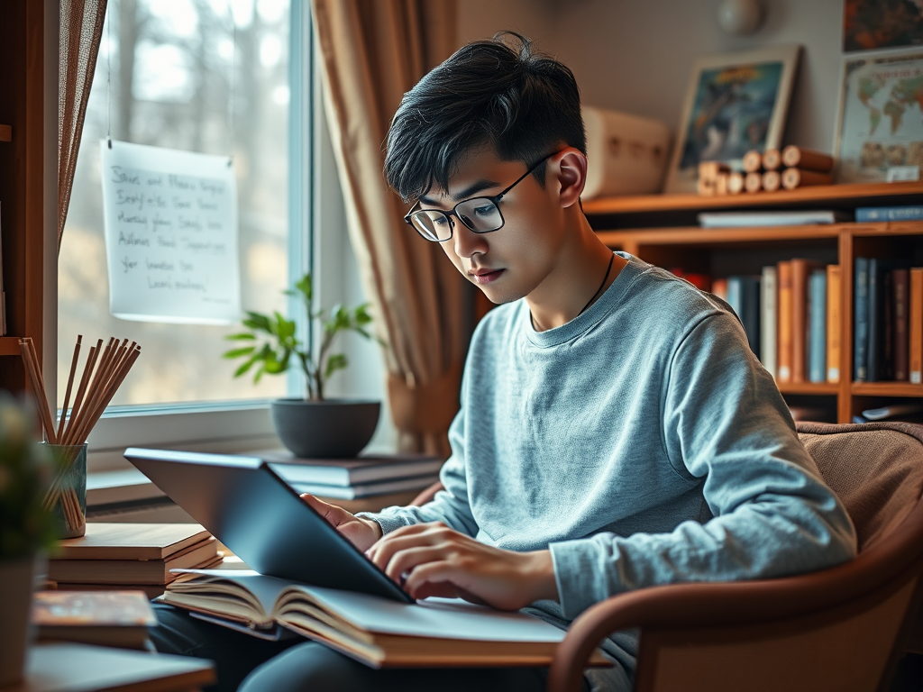 A young man in a gray sweater studies on a tablet, surrounded by books and plants in a cozy room.