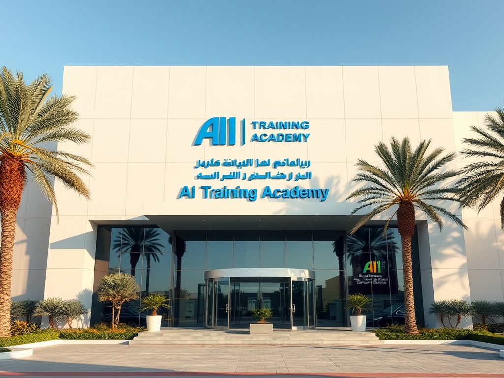 Exterior view of the AI Training Academy building with palm trees under a clear blue sky.