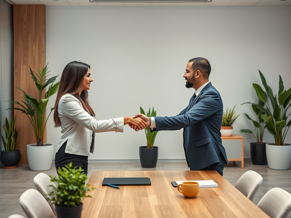 A business meeting where a woman and a man shake hands across a table with plants in the background.