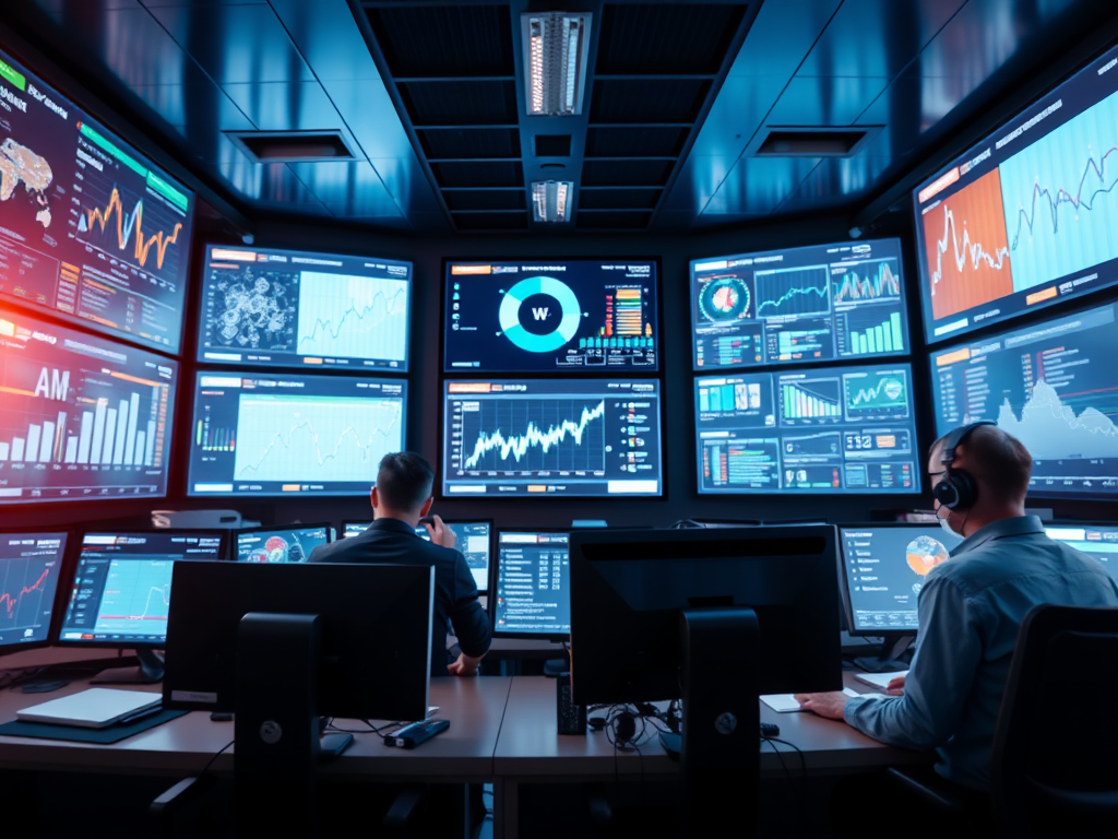 Two professionals work in a high-tech control room filled with multiple screens displaying data and analytics.