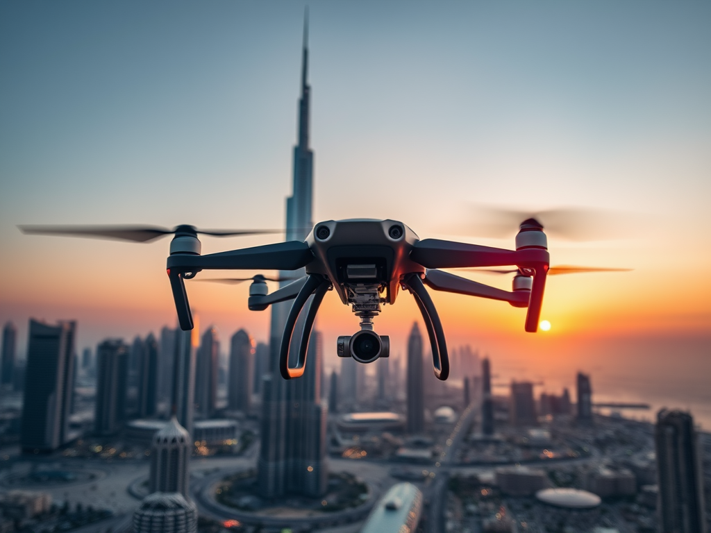 A drone hovers in the sky during sunset, with a city skyline featuring tall buildings in the background.