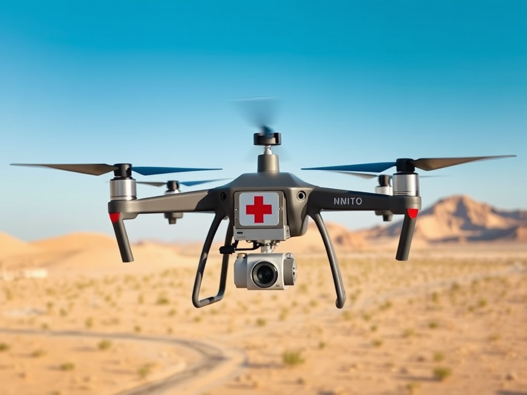 A drone with a camera and a red cross symbol flying over a desert landscape under a clear blue sky.