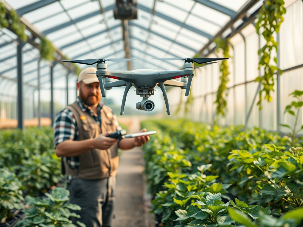 A man in a greenhouse operates a drone above rows of green plants, using a tablet in his other hand.