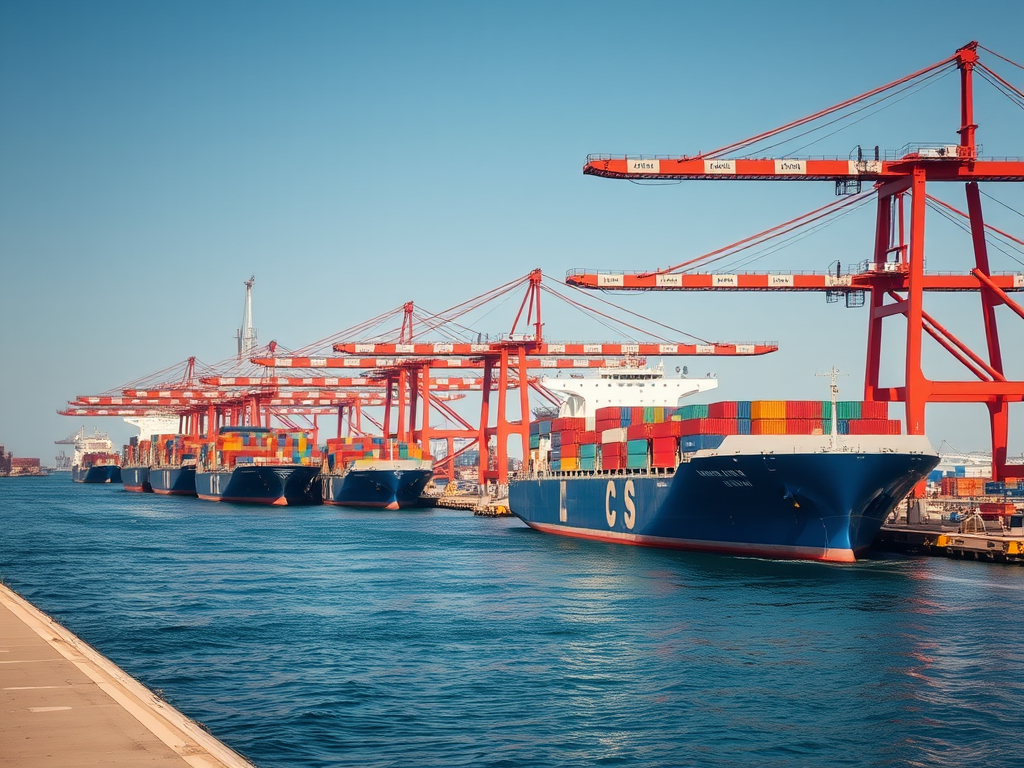 A busy port featuring large container ships and cranes against a clear blue sky with calm waters.