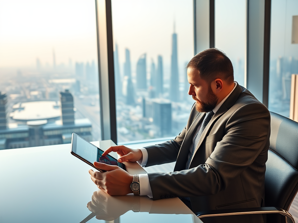 A businessman in a suit sits at a desk, using a tablet, with a city skyline visible through the window.