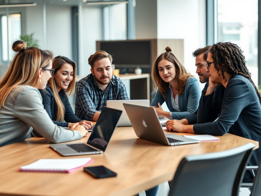 A group of six professionals collaborates around a table with laptops, discussing ideas in a modern office setting.