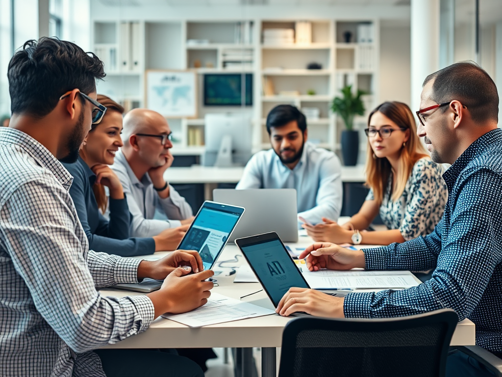 A diverse group of professionals collaborates at a conference table, focused on laptops and discussing ideas.