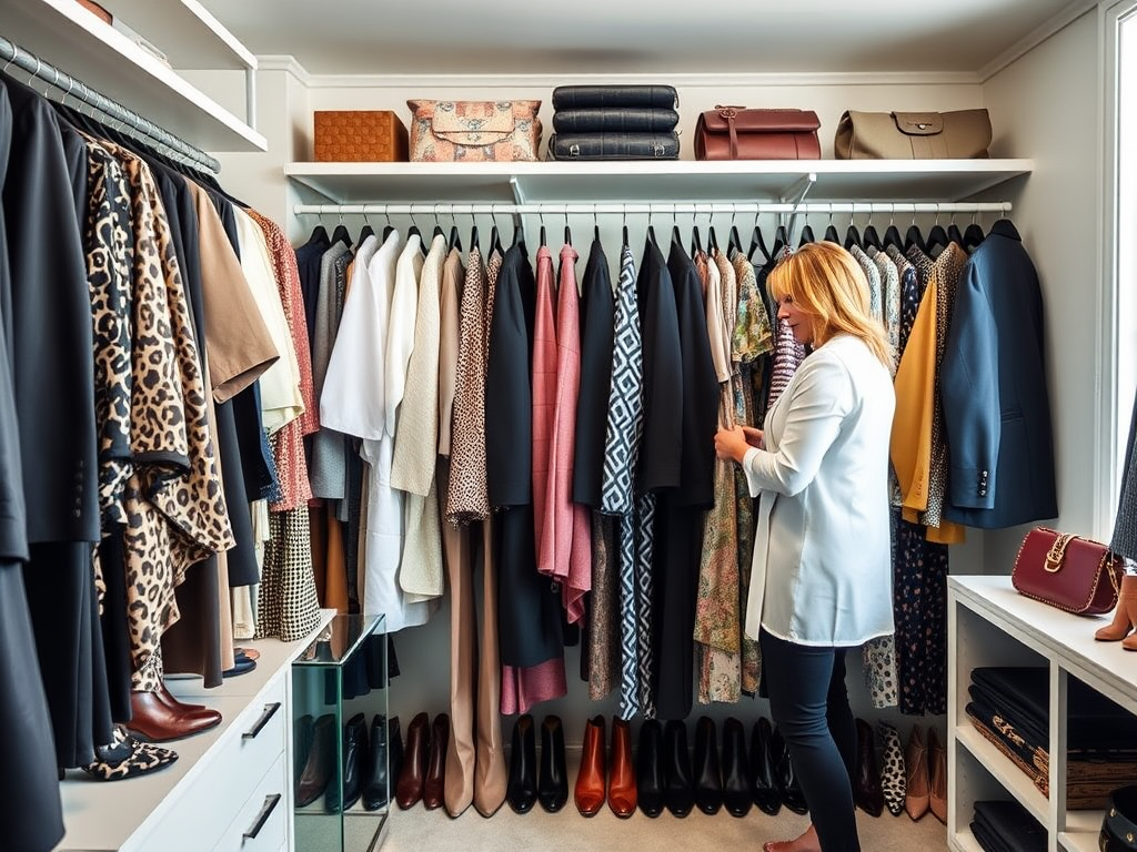 A woman browses through a neatly organized closet full of clothing and accessories.